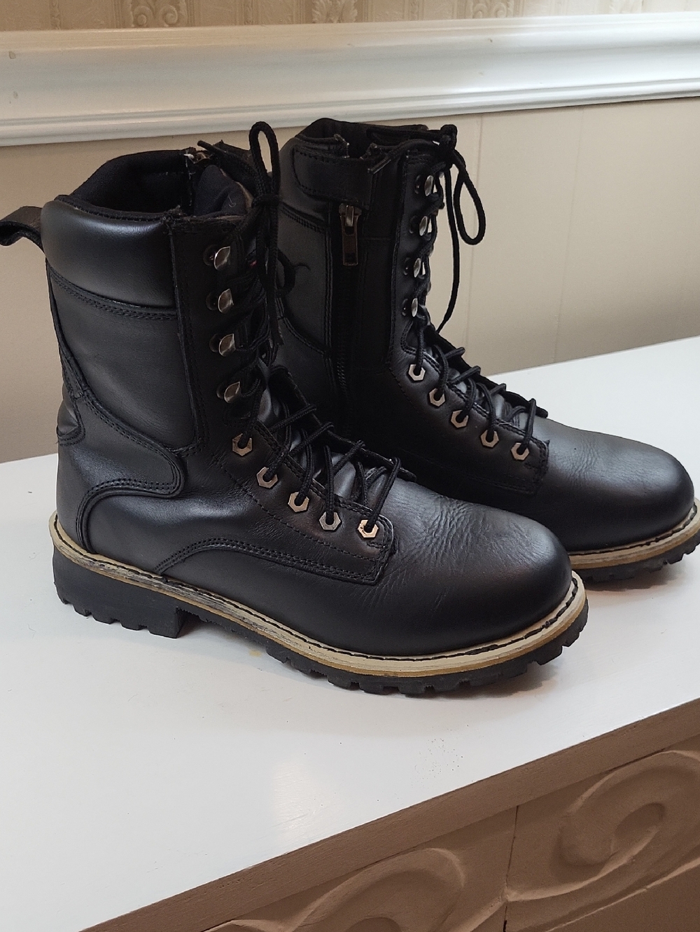 Men's Midnight Black Lace-Up Tactical/Motorcycle/Combat Boot, Size 9